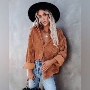 Reilly Corduroy Button Down Pocket Top - Camel